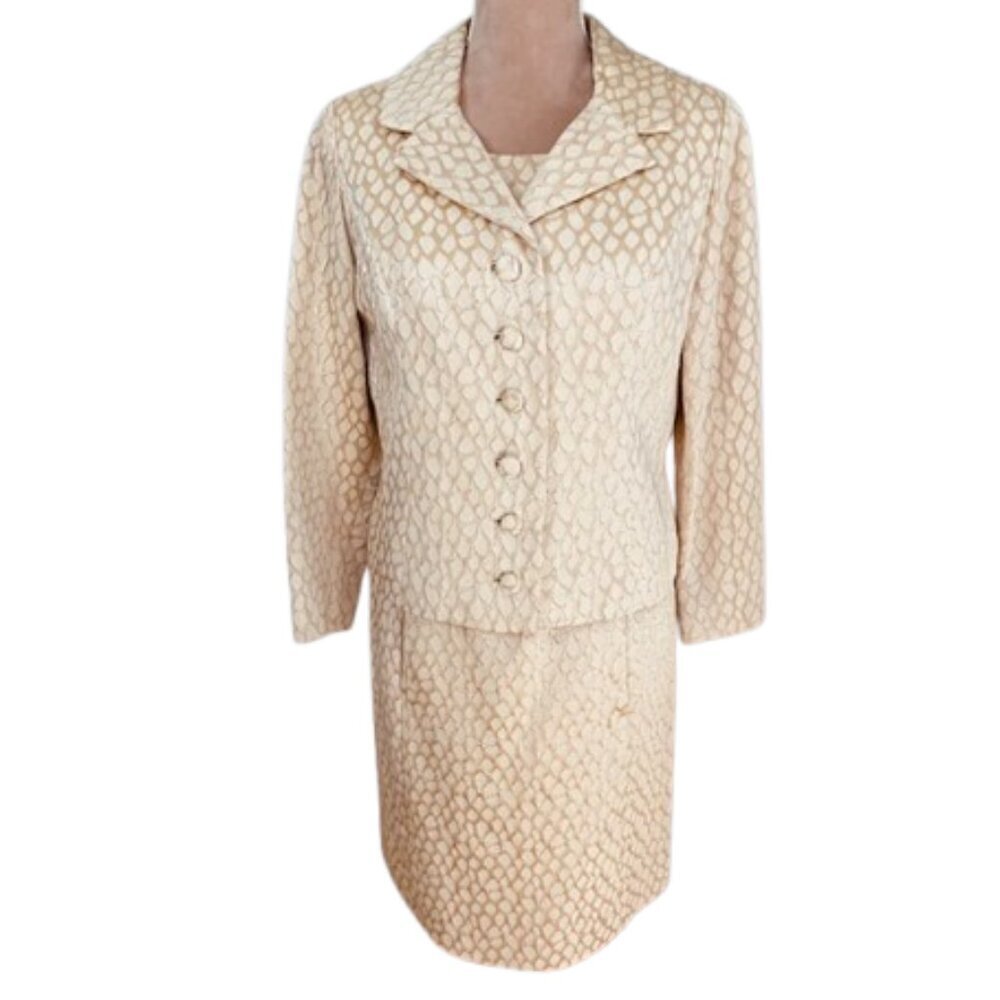 Lillie Rubin Vintage Jacket Dress Set Champagne Brocade 2-Piece Suit Small